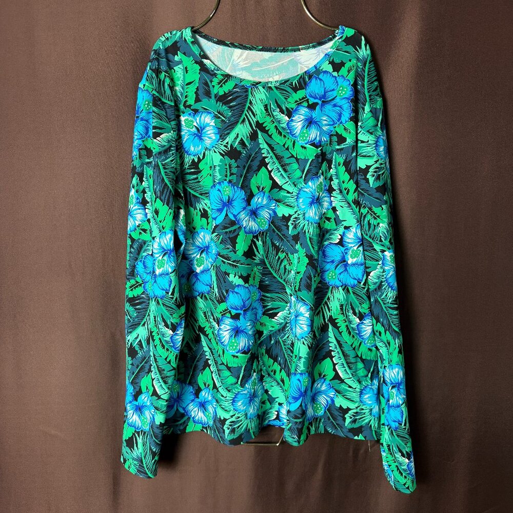 Lands' End Women's XS Green Floral Long Sleeve Crewneck‎ Swim Rash Guard